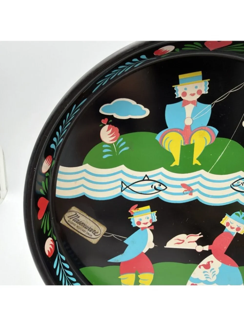 Masonware Serving Tray 1960s Pennsylvania Dutch Fishing MCM Decor 13” W/Tag